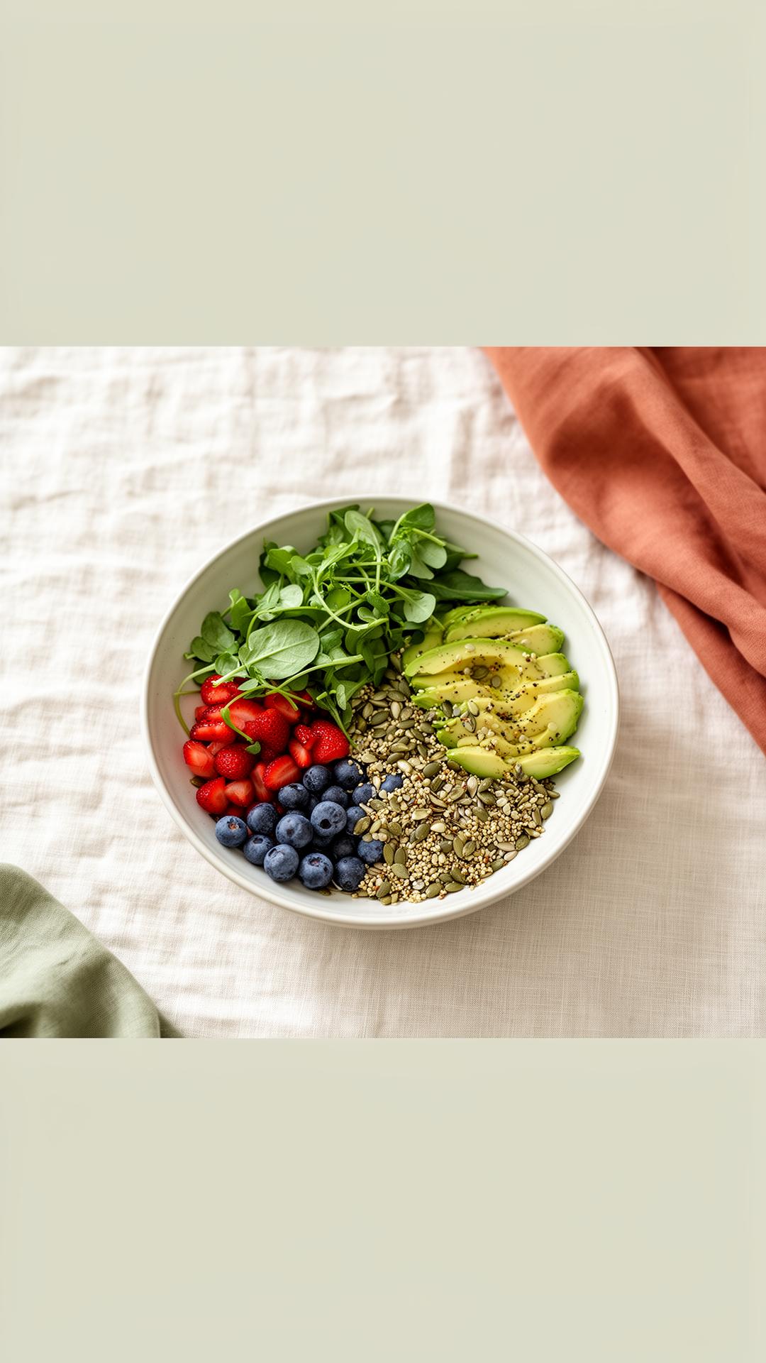 Fresh nourishing bowl with greens, avocado and berries